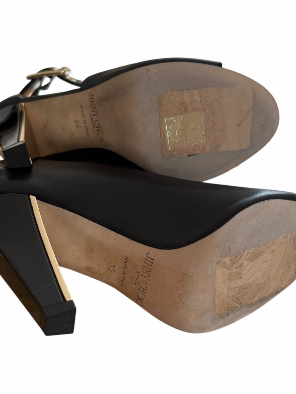 Jimmy Choo Black Leather Gold Accent Open Toe Ankle Booties Heels Size 35 / US 5 - Picture 10 of 11